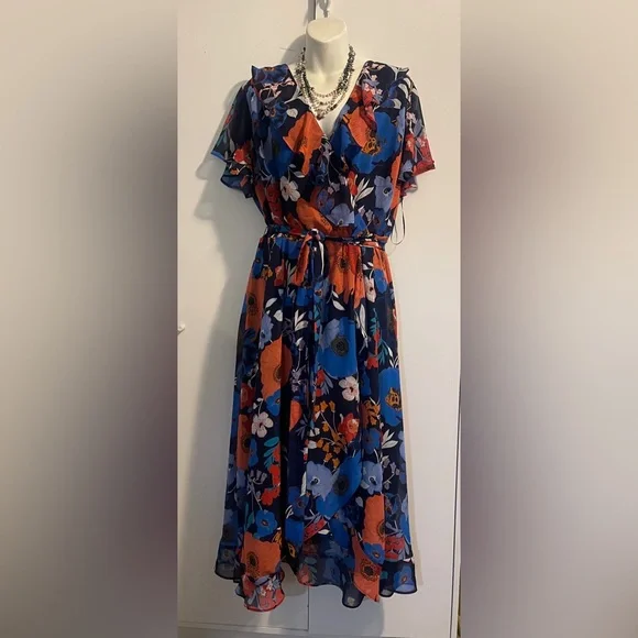Lane Bryant Navy Floral Ruffle Faux Wrap Fit & Flare Midi Dress Women’s 22 - Picture 1 of 4